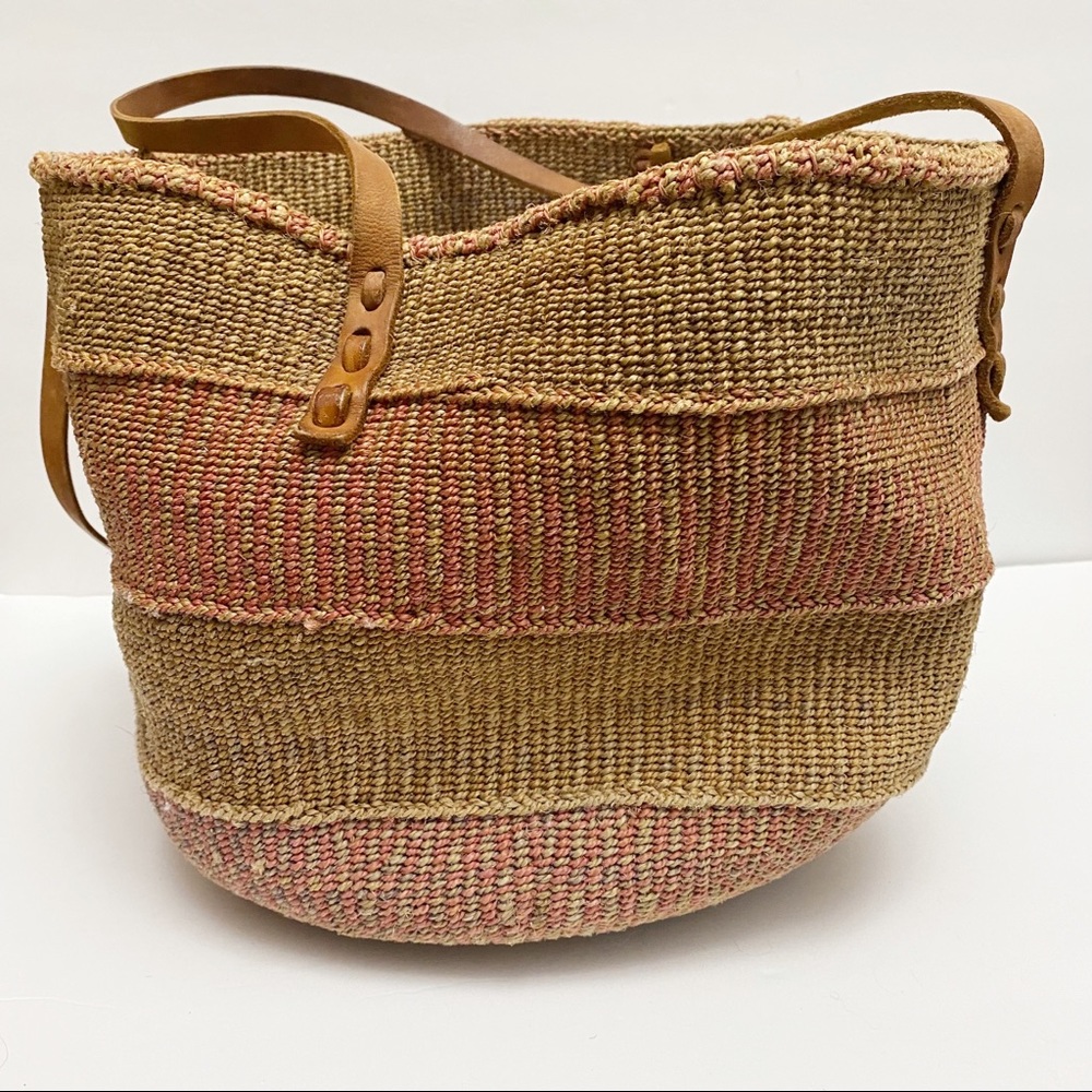 Sisal Tote Woven Straw Bag Leather Straps Large